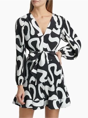Milly Black & White Abstract Tie-Waist Mini Dress